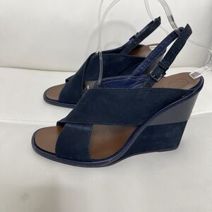 Tory Burch Slingback Wedge Sandals 7.5 Blue Suede Gabrielle Quiet Luxury Shoes